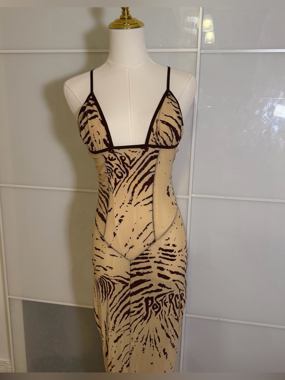 POSTER GIRL Beige and Brown Sheer Animal-Print Slip Dress